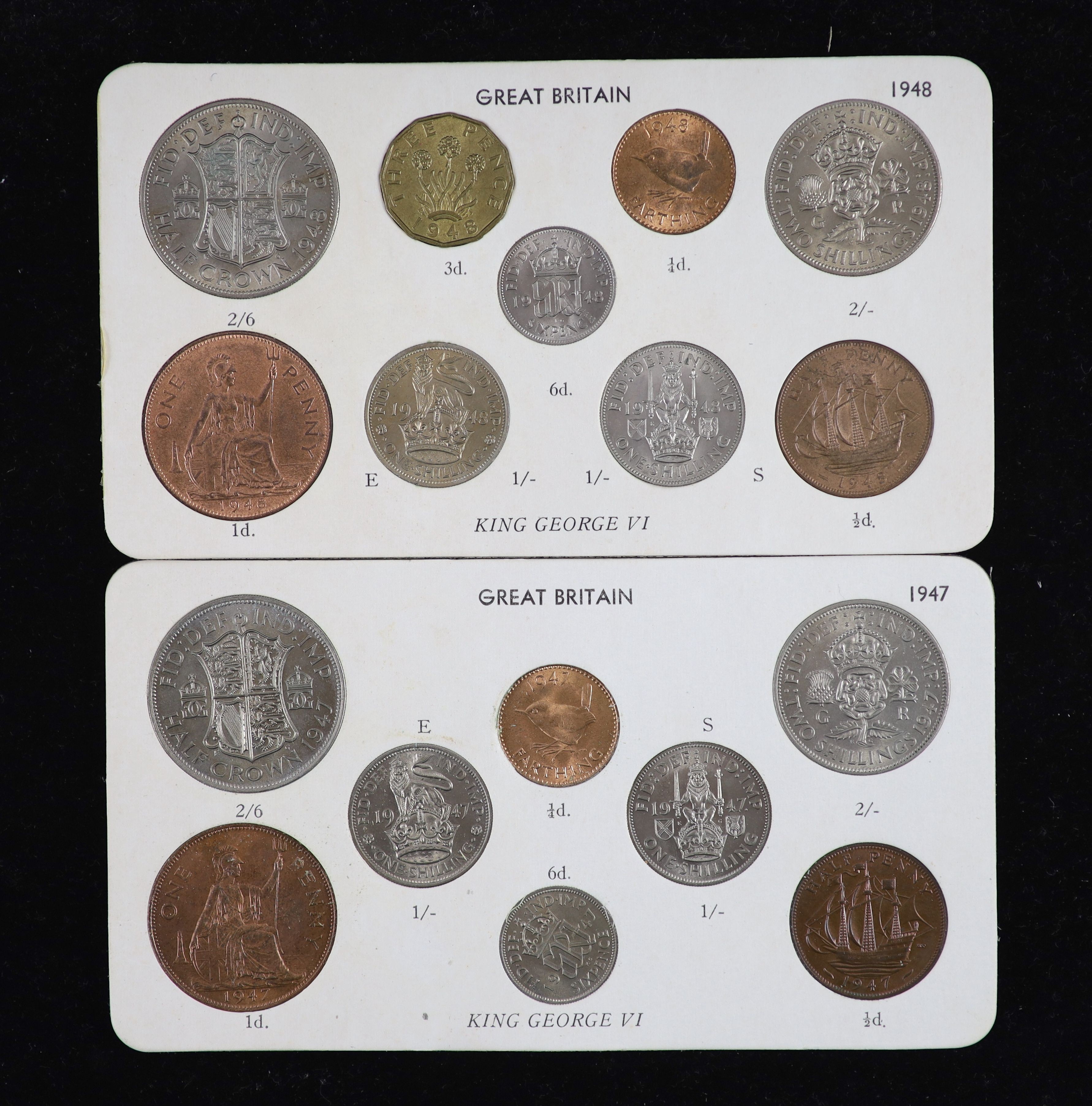 George VI specimen coin sets for 1947 and 1948, first issue, including 1948 brass threepence (S4112), good EF
